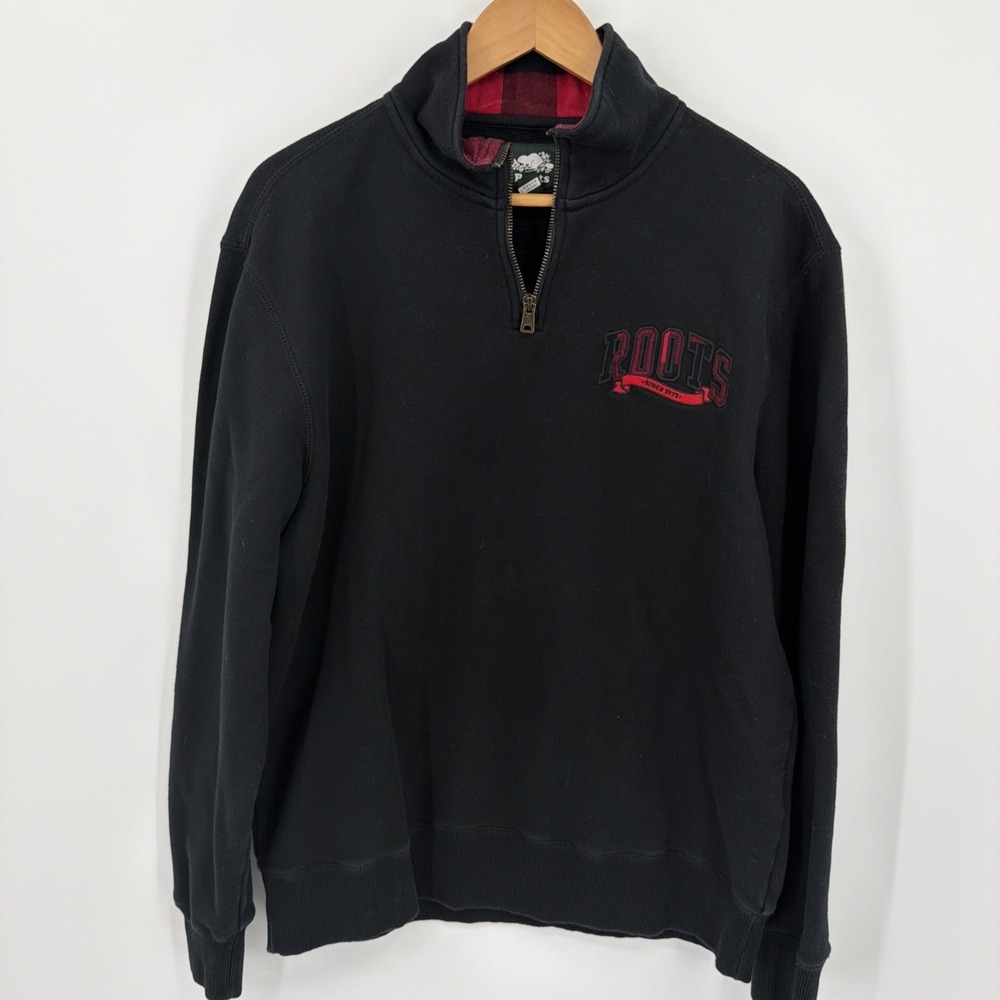 Roots Canada Black 1/4 Zip Mock Neck Pullover‎ Sz M Fleece Red Hunter Plaid
